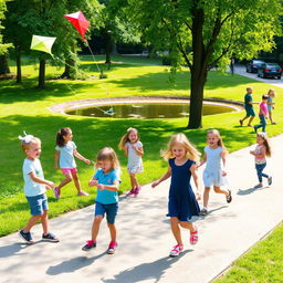 A group of children joyfully playing outdoors in a lush green park