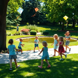 A group of children joyfully playing outdoors in a lush green park