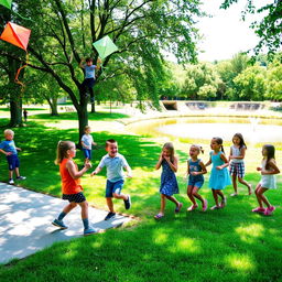 A group of children joyfully playing outdoors in a lush green park