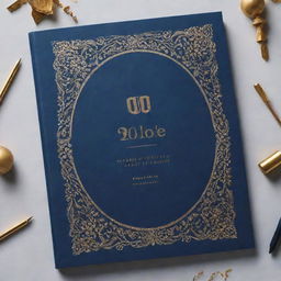 A contemporary yearbook cover in a deep blue hue, embellished with golden details and graphics, creating a classy and modern aesthetic.