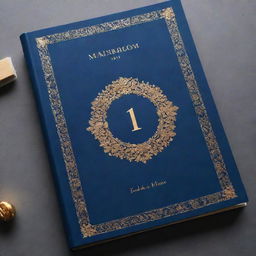 A contemporary yearbook cover in a deep blue hue, embellished with golden details and graphics, creating a classy and modern aesthetic.