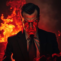 A sinister portrayal of a bank manager with a menacing expression, set against an intense hellfire background