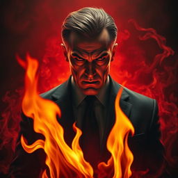 A sinister portrayal of a bank manager with a menacing expression, set against an intense hellfire background