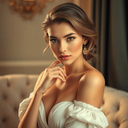 a beautiful woman posing artistically in a tasteful manner, set in a serene and elegant atmosphere, capturing the essence of classical beauty and confidence