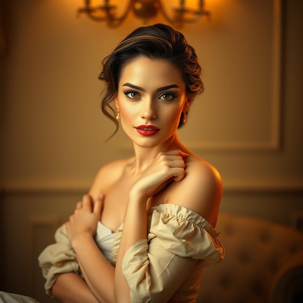 a beautiful woman posing artistically in a tasteful manner, set in a serene and elegant atmosphere, capturing the essence of classical beauty and confidence