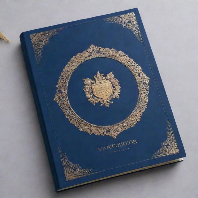 A contemporary yearbook cover in a deep blue hue, embellished with golden details and graphics, creating a classy and modern aesthetic.