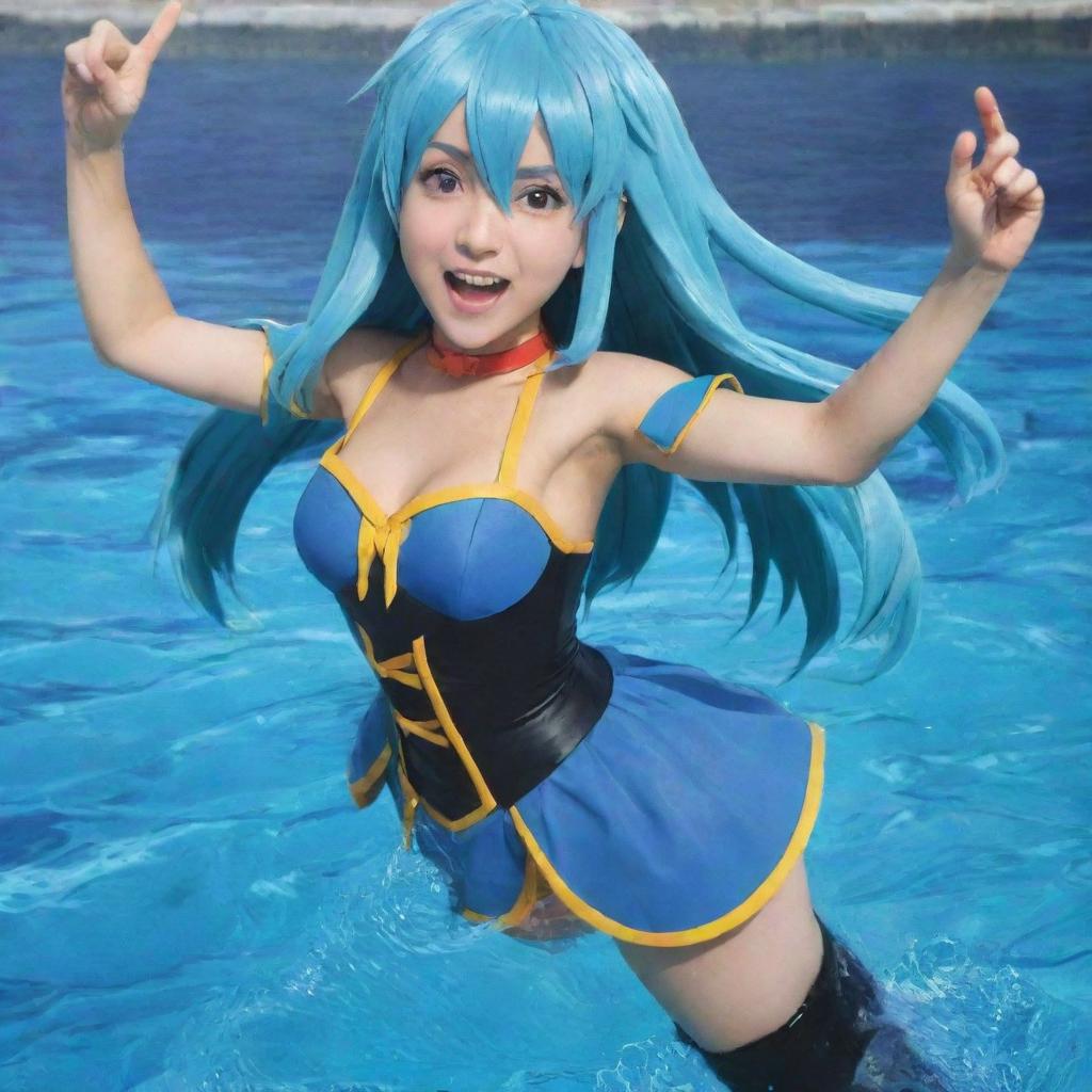 Aqua from the anime Konosuba, a blue-haired deity in her usual water-themed costume, striking a dynamic pose