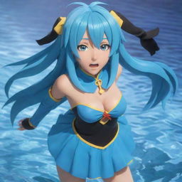 Aqua from the anime Konosuba, a blue-haired deity in her usual water-themed costume, striking a dynamic pose