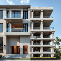 Image of a high-end residential project in modern masonry, showcasing the elegant architecture on one half of the image and the intricate reinforced concrete structure on the other half