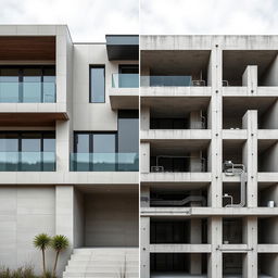 Image of a high-end residential project in modern masonry, showcasing the elegant architecture on one half of the image and the intricate reinforced concrete structure on the other half