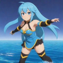 Aqua from the anime Konosuba, a blue-haired deity in her usual water-themed costume, striking a dynamic pose