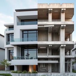 Image of a high-end residential project in modern masonry, showcasing the elegant architecture on one half of the image and the intricate reinforced concrete structure on the other half