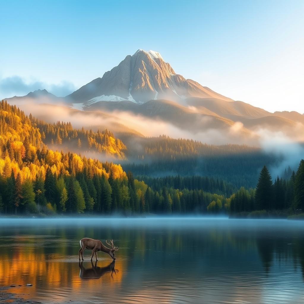 A tranquil scene of a serene mountain during the early morning, where the sun's warm light gently kisses the peaks, creating an ethereal golden glow