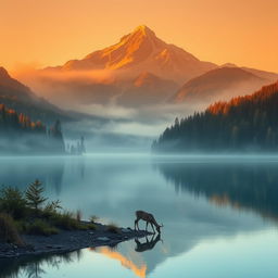 A tranquil scene of a serene mountain during the early morning, where the sun's warm light gently kisses the peaks, creating an ethereal golden glow