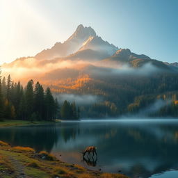 A tranquil scene of a serene mountain during the early morning, where the sun's warm light gently kisses the peaks, creating an ethereal golden glow