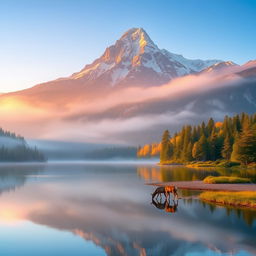 A tranquil scene of a serene mountain during the early morning, where the sun's warm light gently kisses the peaks, creating an ethereal golden glow