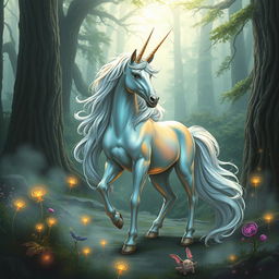 A mystical unicorn standing gracefully in a fantasy forest setting, perfect for a Dungeons and Dragons character design