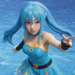 Aqua from the anime Konosuba, a blue-haired deity in her usual water-themed costume, striking a dynamic pose