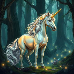 A mystical unicorn standing gracefully in a fantasy forest setting, perfect for a Dungeons and Dragons character design