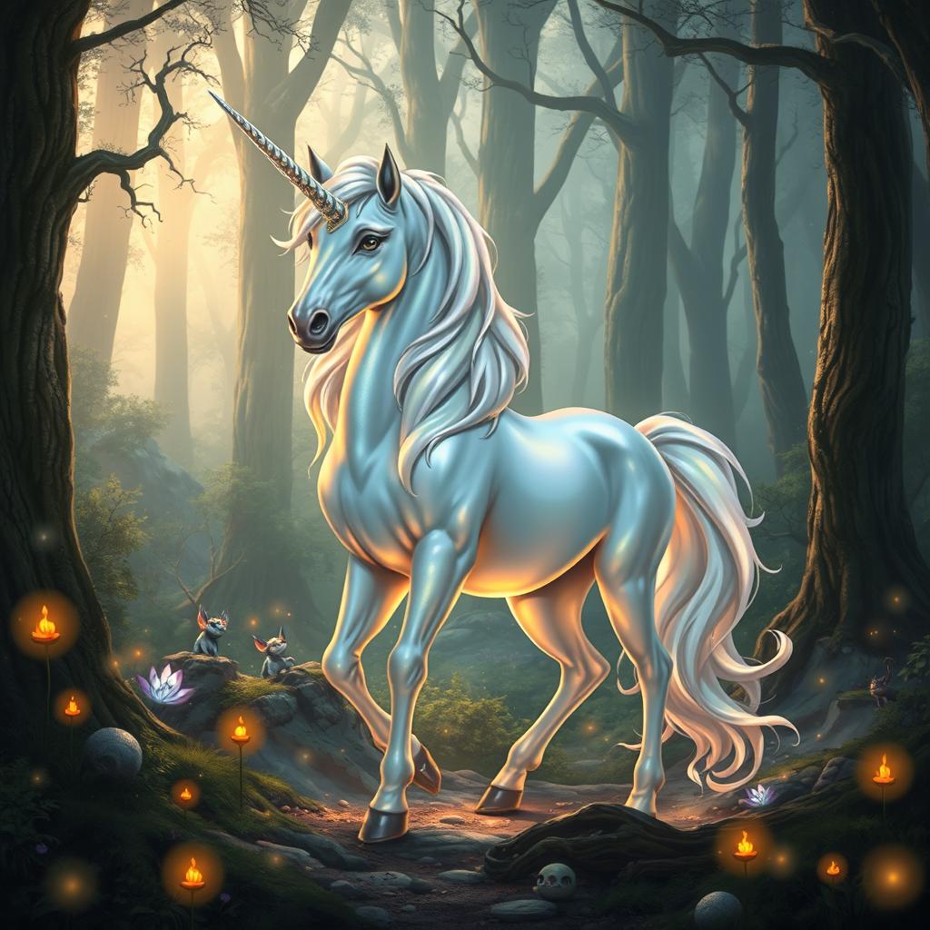 A mystical unicorn standing gracefully in a fantasy forest setting, perfect for a Dungeons and Dragons character design