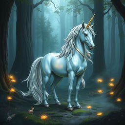 A mystical unicorn standing gracefully in a fantasy forest setting, perfect for a Dungeons and Dragons character design