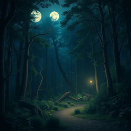 A serene twilight forest scene where the moonlight gently filters through the dense canopy, creating dappled patterns of light on the forest floor