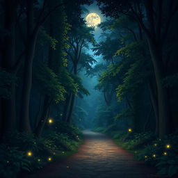 A serene twilight forest scene where the moonlight gently filters through the dense canopy, creating dappled patterns of light on the forest floor