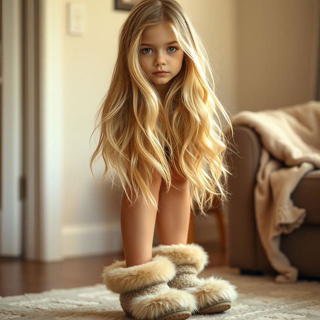 A girl with beautifully flowing blonde hair wearing cozy, fuzzy slippers