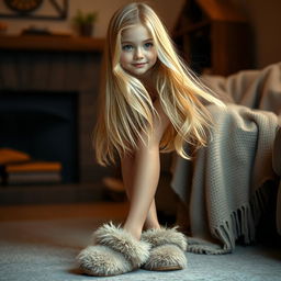 A girl with beautifully flowing blonde hair wearing cozy, fuzzy slippers