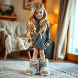 A girl with beautifully flowing blonde hair wearing cozy, fuzzy slippers