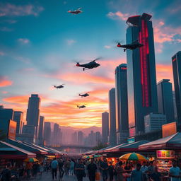 A futuristic cityscape at dusk with neon lights reflecting on glass skyscrapers