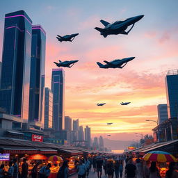 A futuristic cityscape at dusk with neon lights reflecting on glass skyscrapers