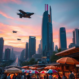 A futuristic cityscape at dusk with neon lights reflecting on glass skyscrapers