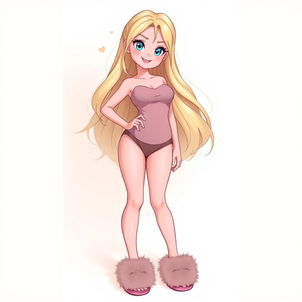 A girl with long, flowing blonde hair, striking a confident pose