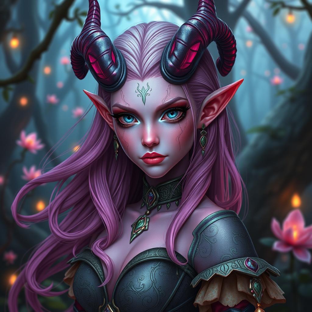 A fantasy scene featuring a stunning female tiefling with candy pink skin