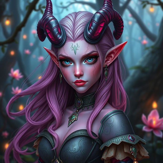 A fantasy scene featuring a stunning female tiefling with candy pink skin