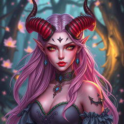 A fantasy scene featuring a stunning female tiefling with candy pink skin