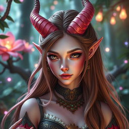 A fantasy scene featuring a stunning female tiefling with candy pink skin