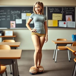 A girl with an alluring figure, confidently standing in a classroom setting