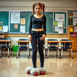 A girl with an alluring figure, confidently standing in a classroom setting