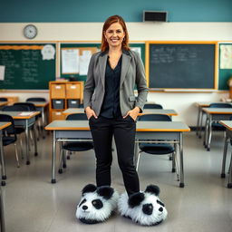 A professional and confident teacher wearing big, fuzzy panda slippers that add a whimsical touch to her attire