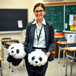 A professional and confident teacher wearing big, fuzzy panda slippers that add a whimsical touch to her attire