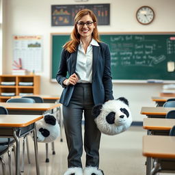 A professional and confident teacher wearing big, fuzzy panda slippers that add a whimsical touch to her attire