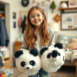 A teenage girl with a cheerful demeanor, wearing big, fuzzy panda slippers that add a playful element to her outfit