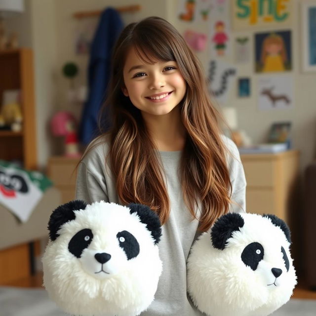 A teenage girl with a cheerful demeanor, wearing big, fuzzy panda slippers that add a playful element to her outfit