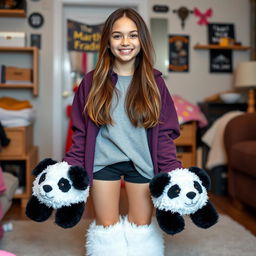 A teenage girl with a cheerful demeanor, wearing big, fuzzy panda slippers that add a playful element to her outfit