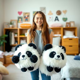 A teenage girl with a cheerful demeanor, wearing big, fuzzy panda slippers that add a playful element to her outfit