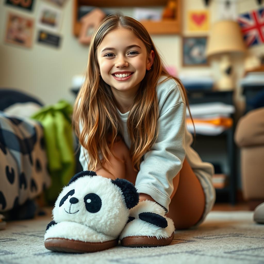 A teenage girl with a joyful expression, wearing fuzzy panda slippers which lend a whimsical touch to her casual home outfit