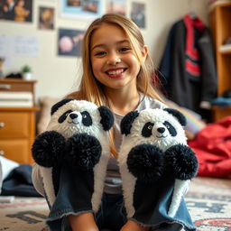 A teenage girl with a joyful expression, wearing fuzzy panda slippers which lend a whimsical touch to her casual home outfit