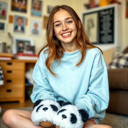 A teenage girl with a joyful expression, wearing fuzzy panda slippers which lend a whimsical touch to her casual home outfit